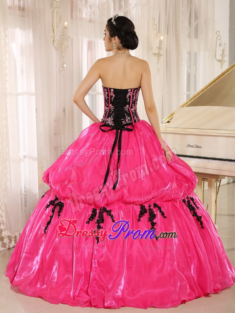 Hot Pink Strapless Organza Embroidery Pick-ups Dress For Quinceanera