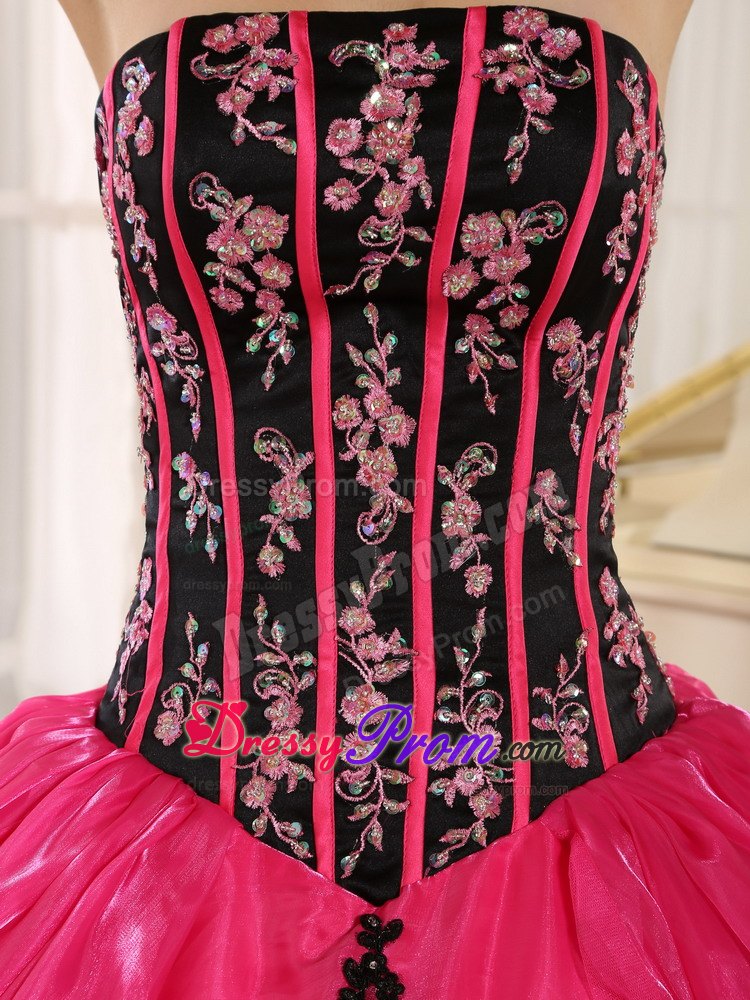 Hot Pink Strapless Organza Embroidery Pick-ups Dress For Quinceanera