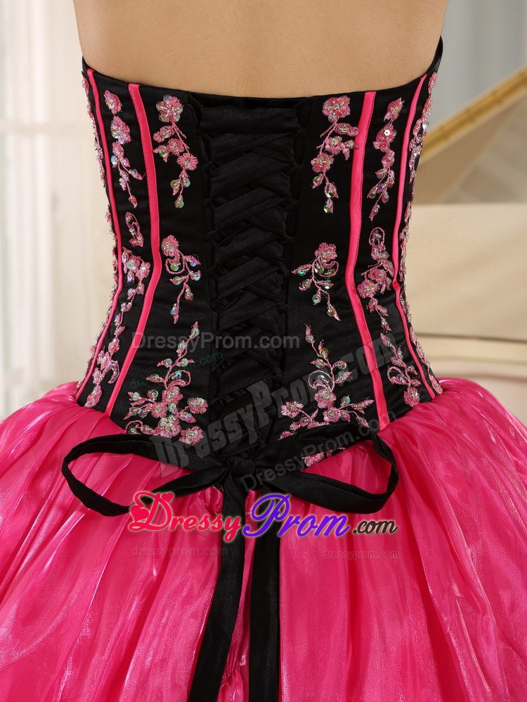 Hot Pink Strapless Organza Embroidery Pick-ups Dress For Quinceanera