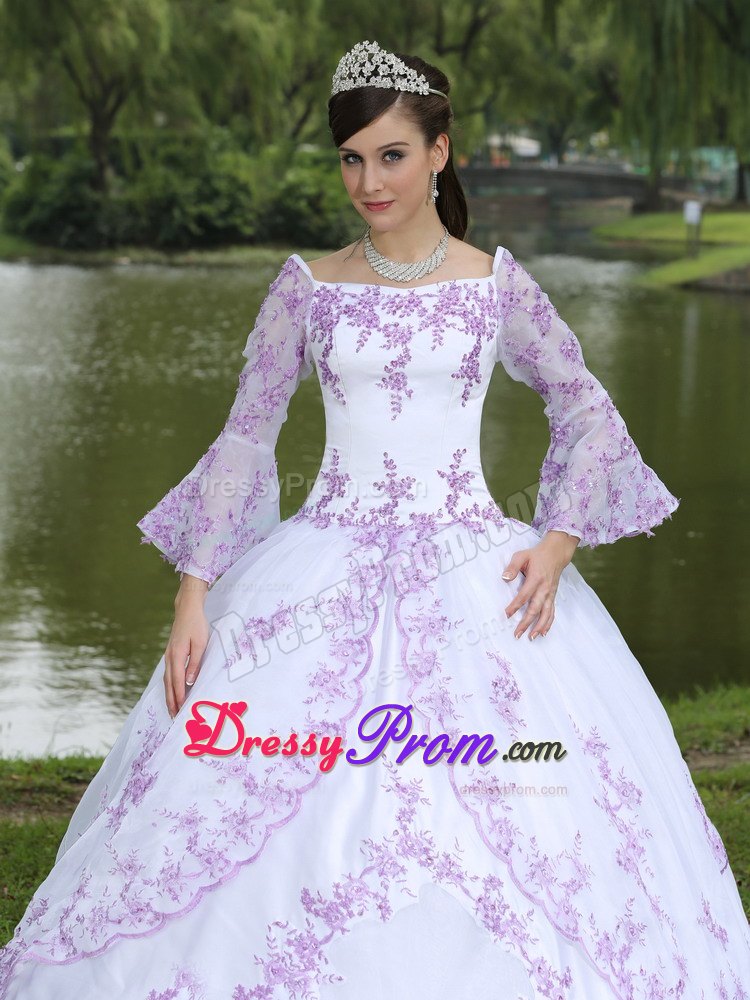 Square Neckline Embroidery Long Sleeves Floor-length Sweet 16 Party Dress