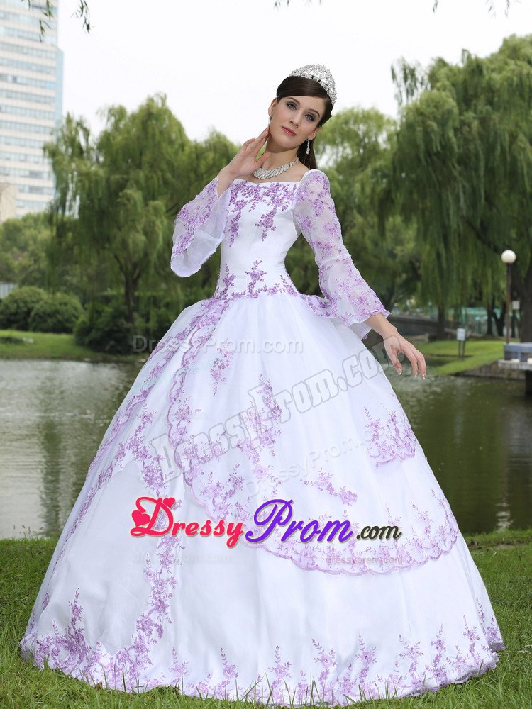 Square Neckline Embroidery Long Sleeves Floor-length Sweet 16 Party Dress