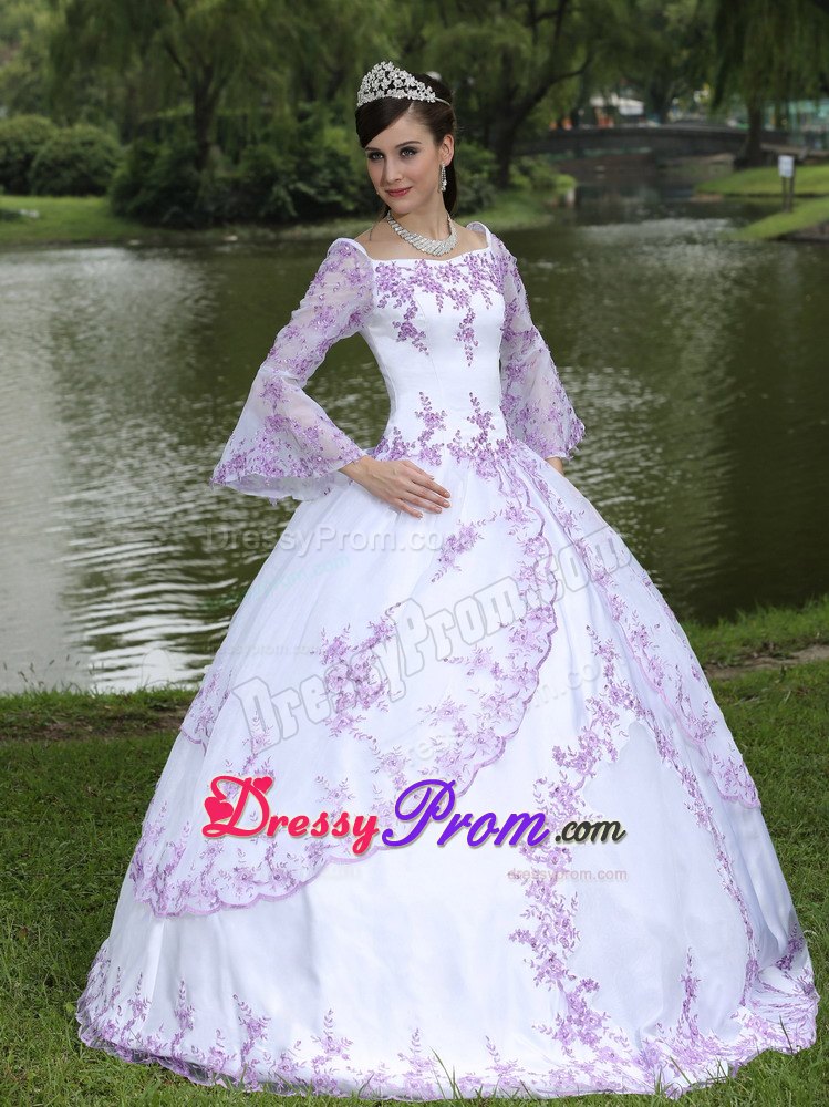 Square Neckline Embroidery Long Sleeves Floor-length Sweet 16 Party Dress