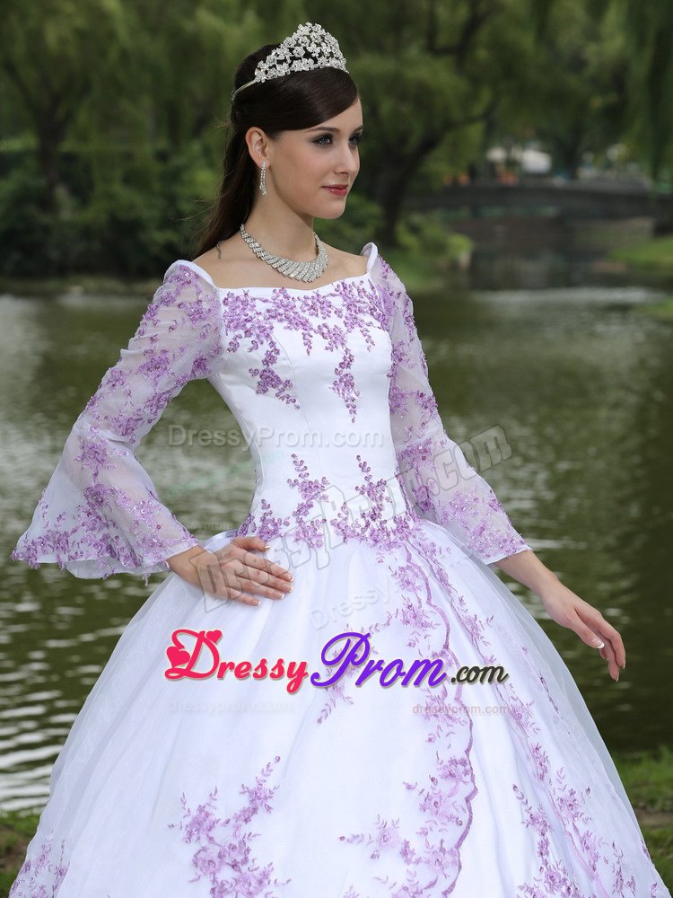 Square Neckline Embroidery Long Sleeves Floor-length Sweet 16 Party Dress
