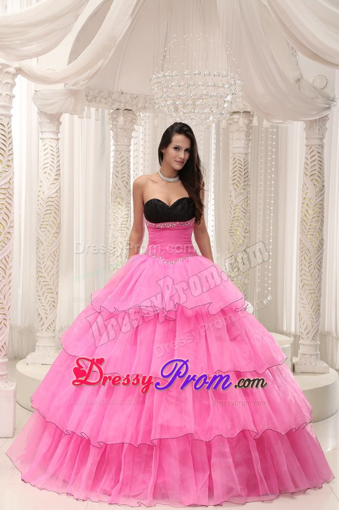 Rose Pink Sweetheart Beading and Layers Taffeta and Organza Dresses 15