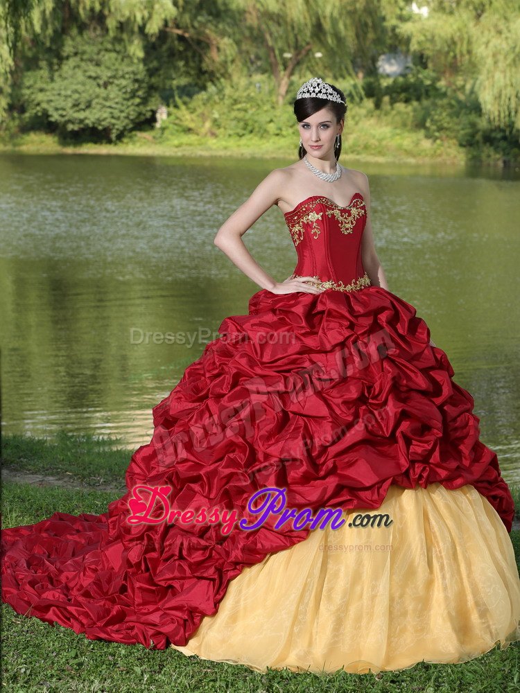 Wine Red Appliques and Pick-ups Quinceanera Dress with Brush Train