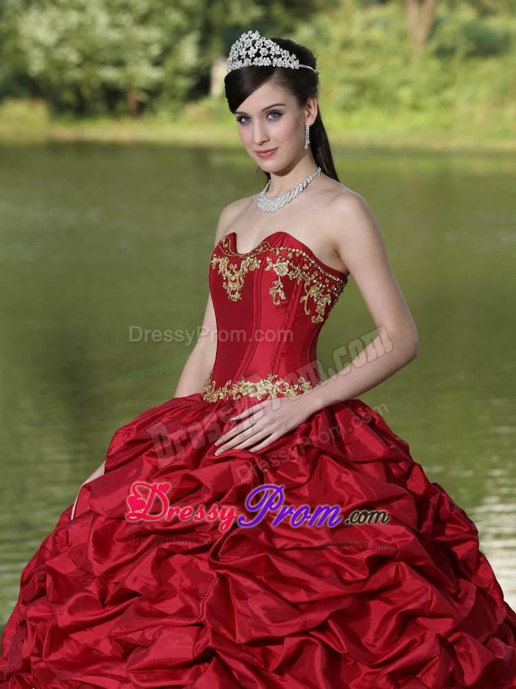 Wine Red Appliques and Pick-ups Quinceanera Dress with Brush Train