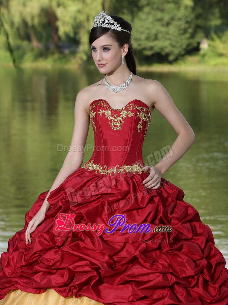 Wine Red Appliques and Pick-ups Quinceanera Dress with Brush Train