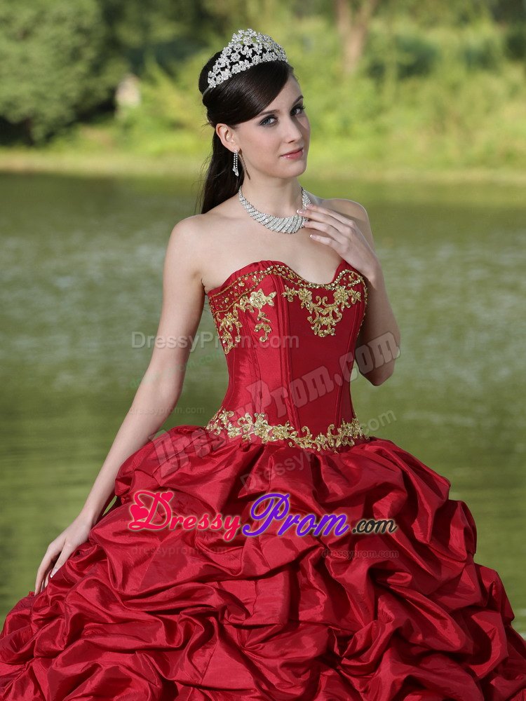Wine Red Appliques and Pick-ups Quinceanera Dress with Brush Train