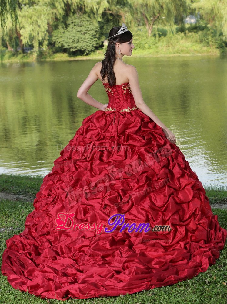 Wine Red Appliques and Pick-ups Quinceanera Dress with Brush Train