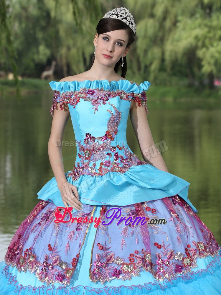 Colorful Off The Shoulder Appliques Tiered Quinceanera Dresses Gowns