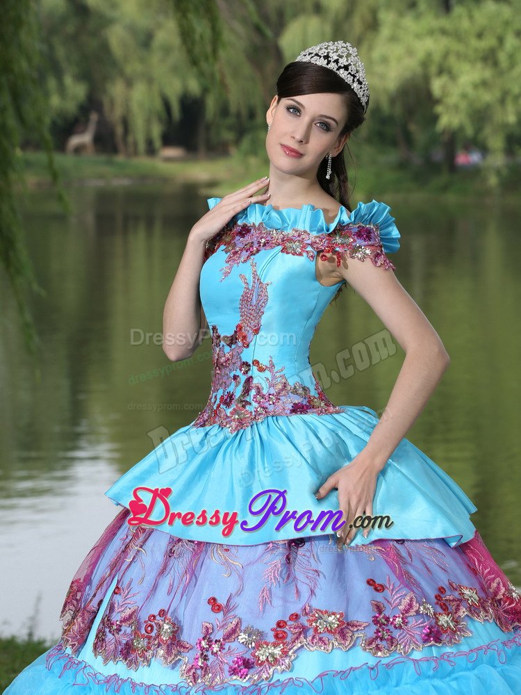 Colorful Off The Shoulder Appliques Tiered Quinceanera Dresses Gowns