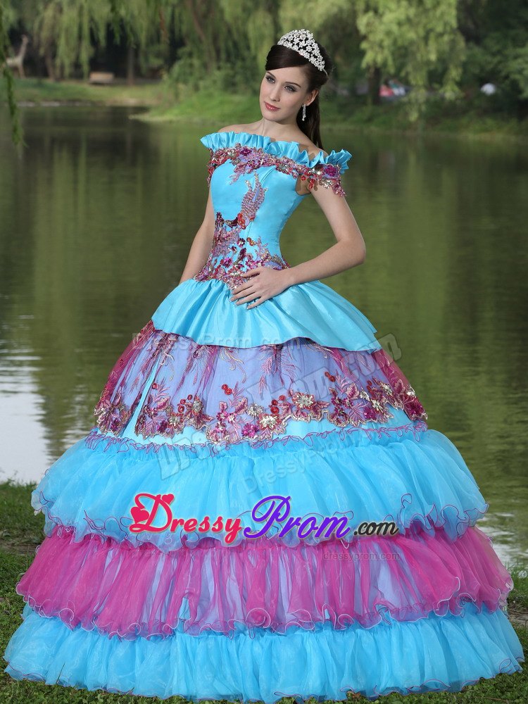Colorful Off The Shoulder Appliques Tiered Quinceanera Dresses Gowns