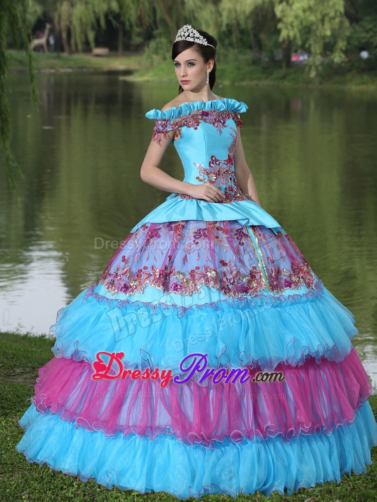 Colorful Off The Shoulder Appliques Tiered Quinceanera Dresses Gowns