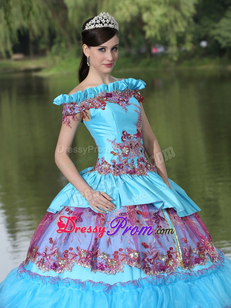 Colorful Off The Shoulder Appliques Tiered Quinceanera Dresses Gowns