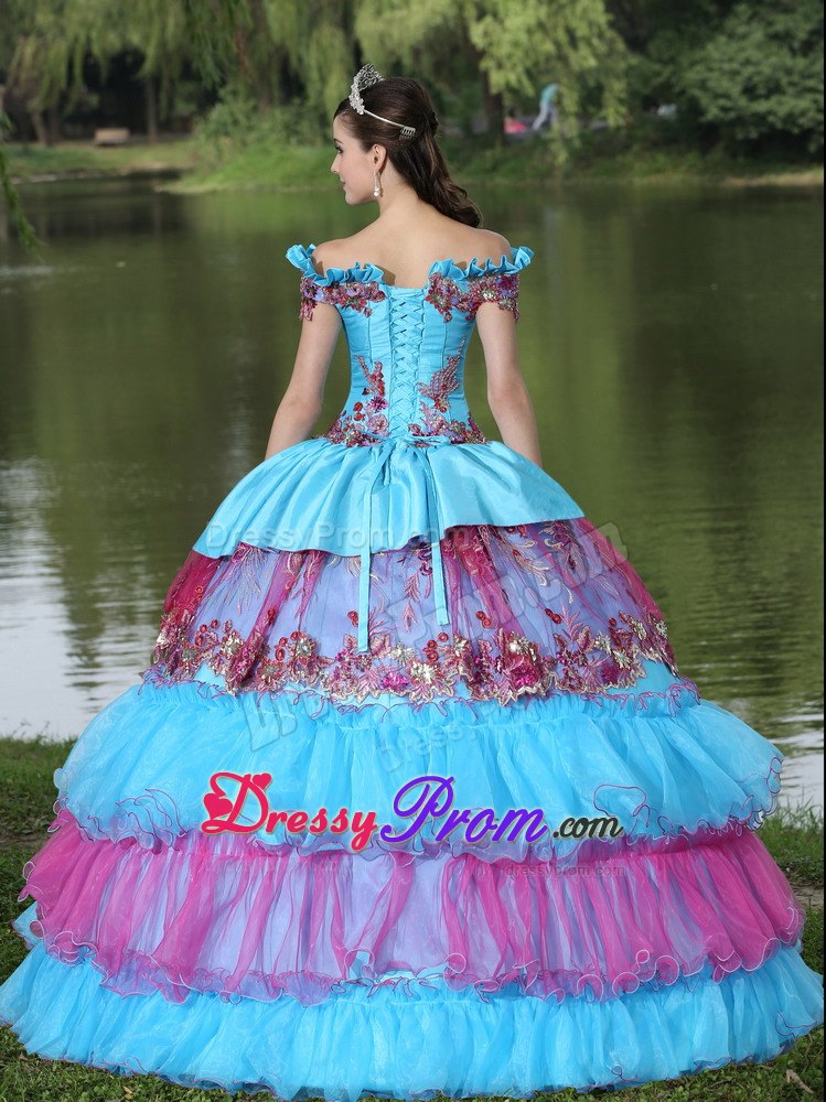 Colorful Off The Shoulder Appliques Tiered Quinceanera Dresses Gowns