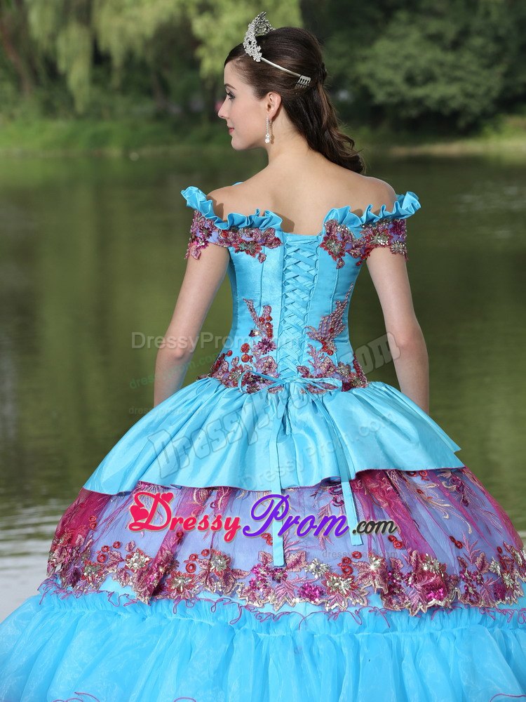 Colorful Off The Shoulder Appliques Tiered Quinceanera Dresses Gowns