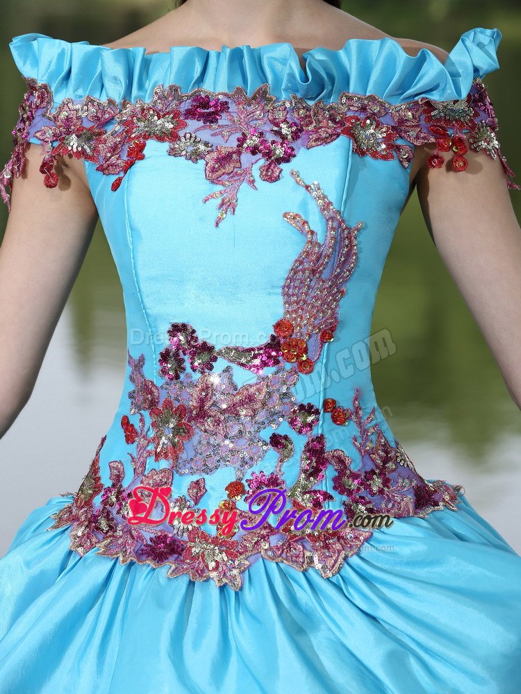 Colorful Off The Shoulder Appliques Tiered Quinceanera Dresses Gowns