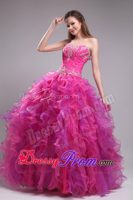 Appliques and Ruffles Sweetheart Floor-length Quinceanera Dress in Fuchsia