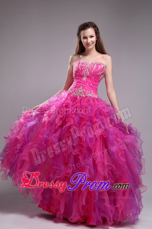 Appliques and Ruffles Sweetheart Floor-length Quinceanera Dress in Fuchsia