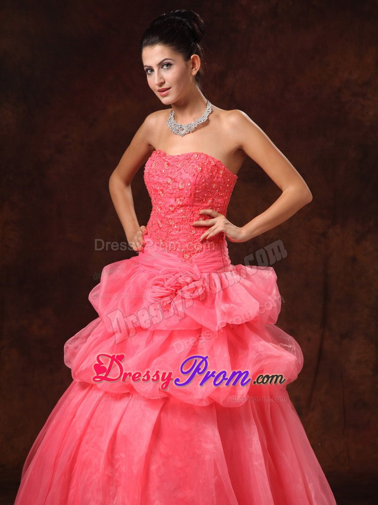 A-line Watermelon Appliqued Beaded Prom Dress for Wholesale