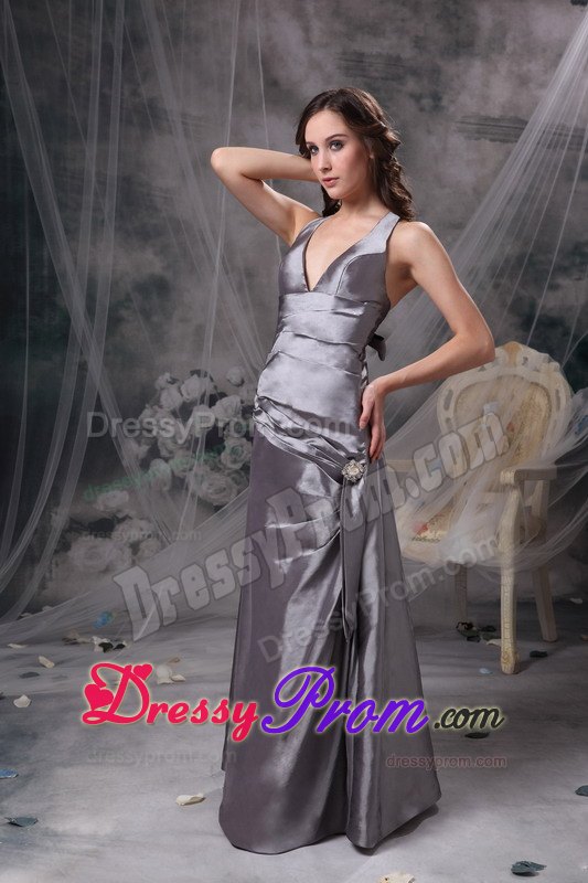 V-neck Beaded Ruched Prom formal Dress with Crisscross Back