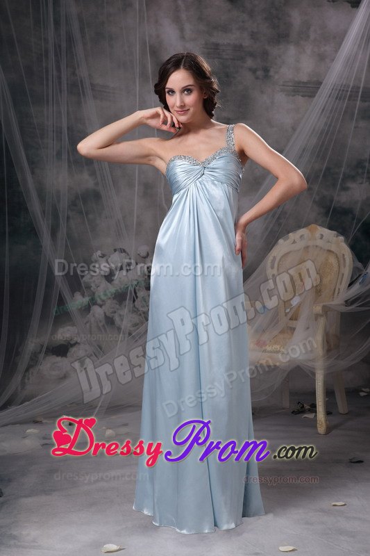 Column One Shoulder Light Blue Beaded Ruched Dress for Prom