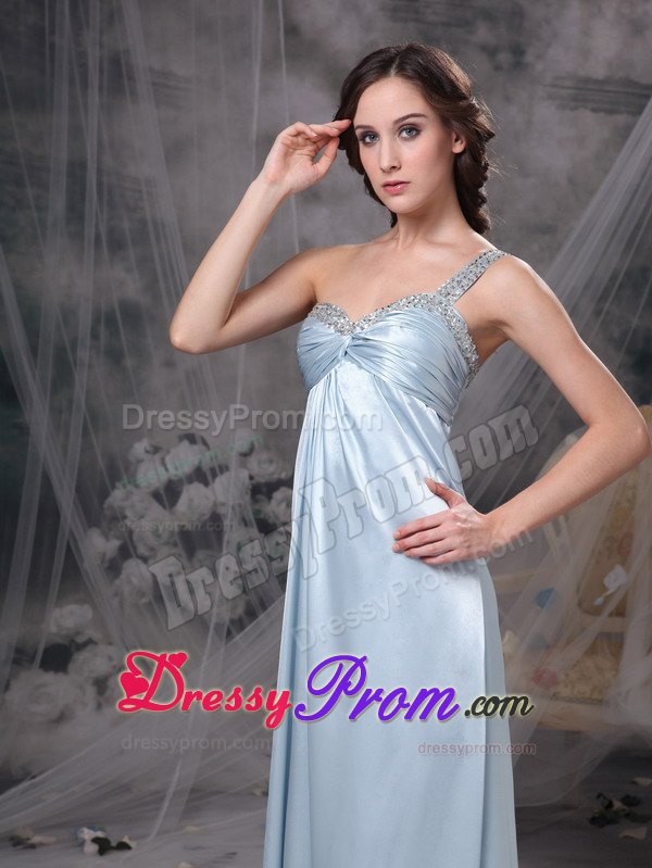 Column One Shoulder Light Blue Beaded Ruched Dress for Prom