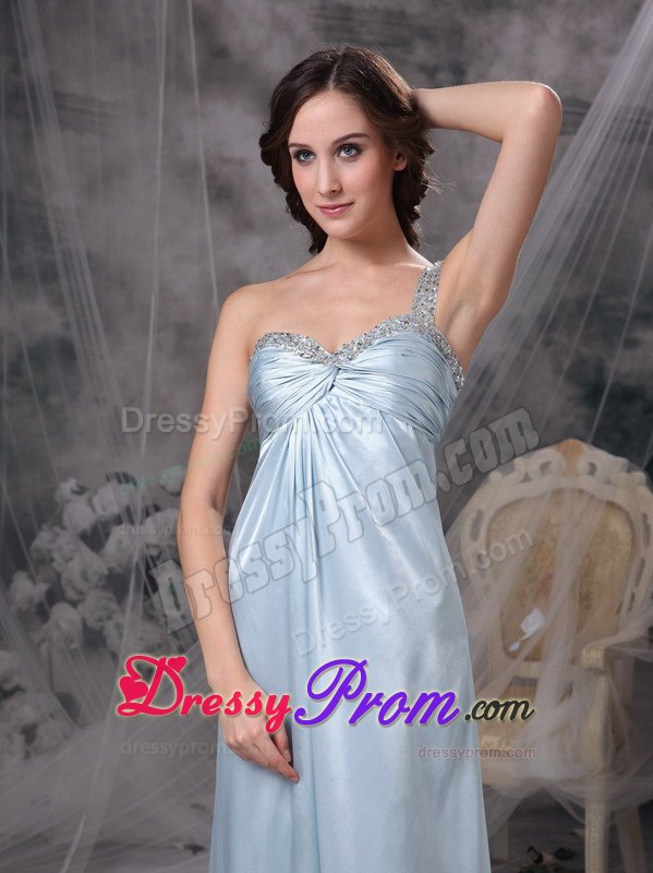 Column One Shoulder Light Blue Beaded Ruched Dress for Prom