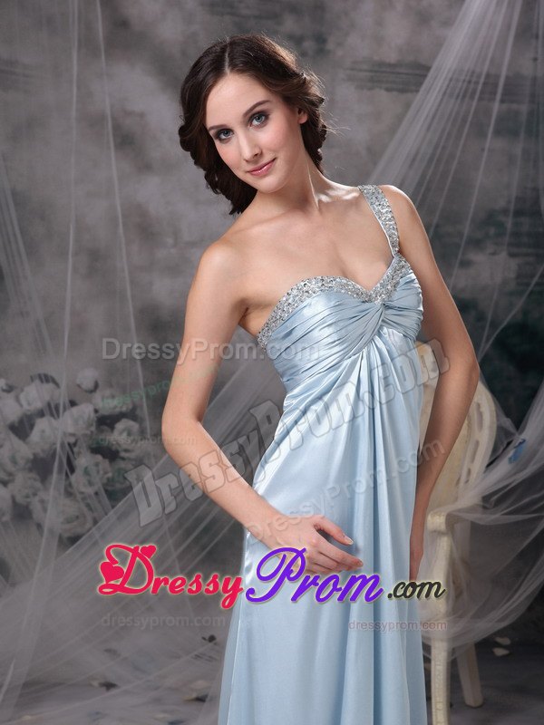 Column One Shoulder Light Blue Beaded Ruched Dress for Prom