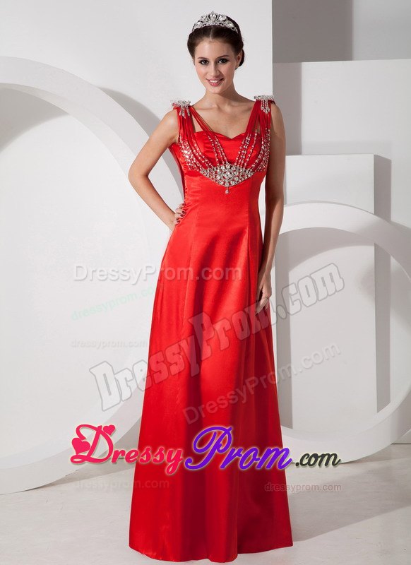Charming V-neck Beaded Red Floor-length Dress for Prom Queen