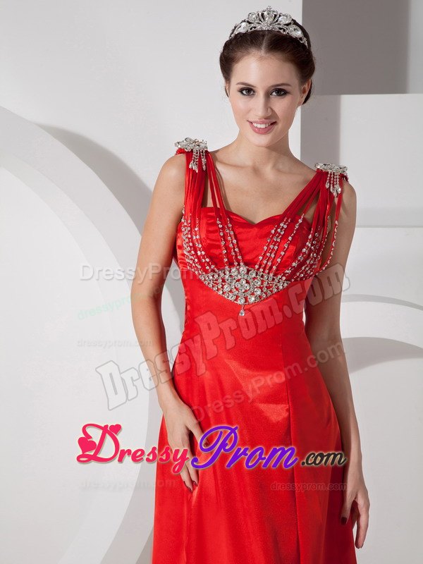 Charming V-neck Beaded Red Floor-length Dress for Prom Queen