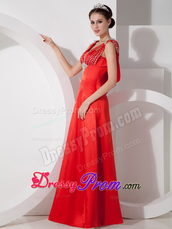 Charming V-neck Beaded Red Floor-length Dress for Prom Queen