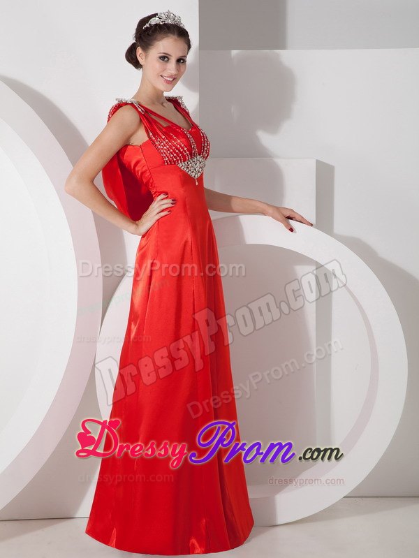 Charming V-neck Beaded Red Floor-length Dress for Prom Queen