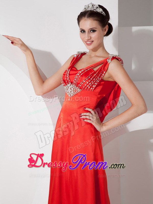 Charming V-neck Beaded Red Floor-length Dress for Prom Queen