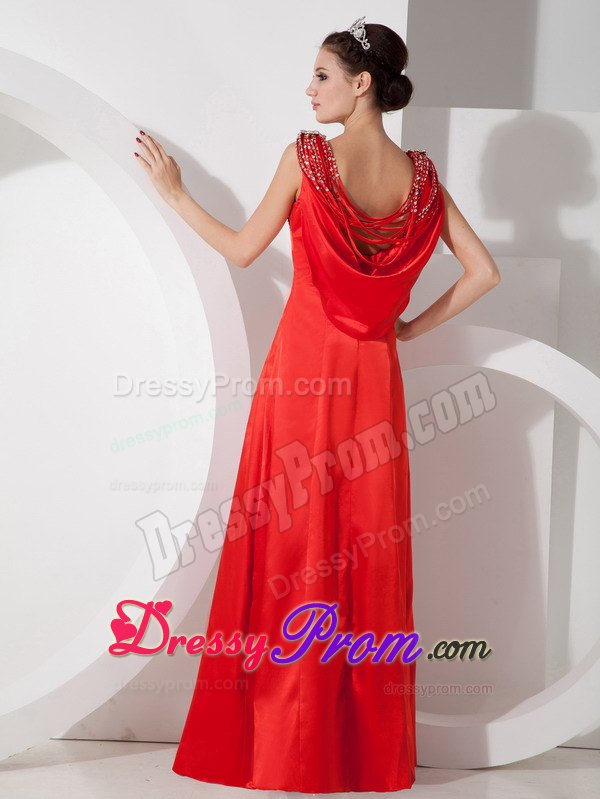 Charming V-neck Beaded Red Floor-length Dress for Prom Queen