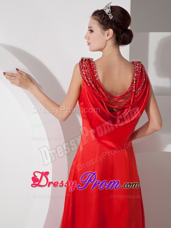 Charming V-neck Beaded Red Floor-length Dress for Prom Queen