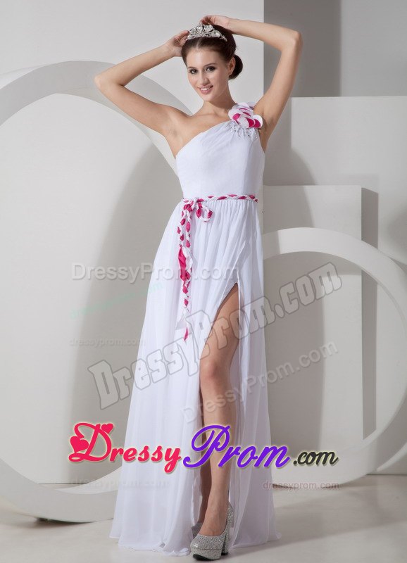 Empire One Shoulder White Slitted Prom Evening Dress with Sash