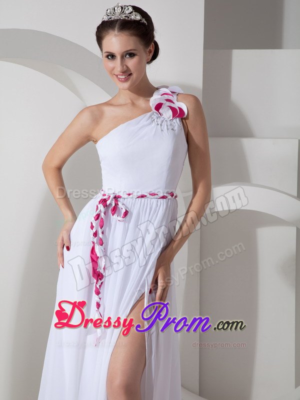 Empire One Shoulder White Slitted Prom Evening Dress with Sash