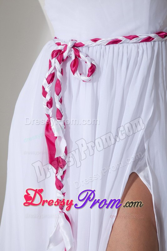 Empire One Shoulder White Slitted Prom Evening Dress with Sash