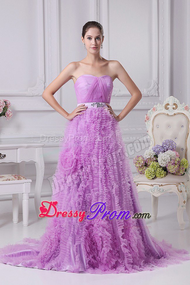 Beaded Lavender Brush Train Organza Prom Dress with Ruffles