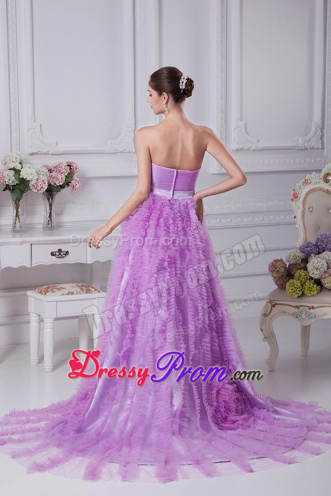 Beaded Lavender Brush Train Organza Prom Dress with Ruffles