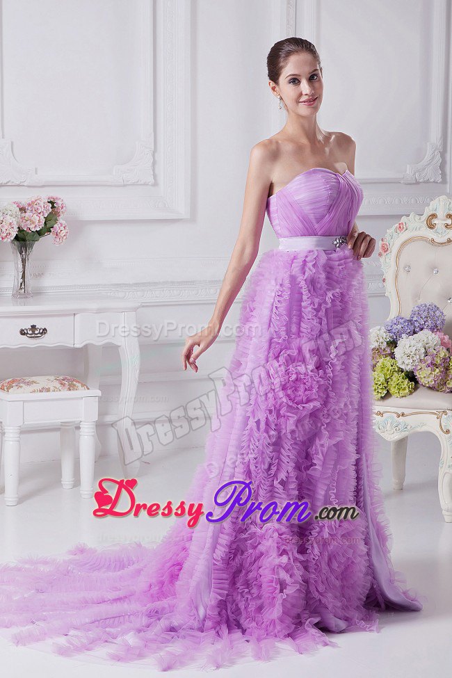 Beaded Lavender Brush Train Organza Prom Dress with Ruffles