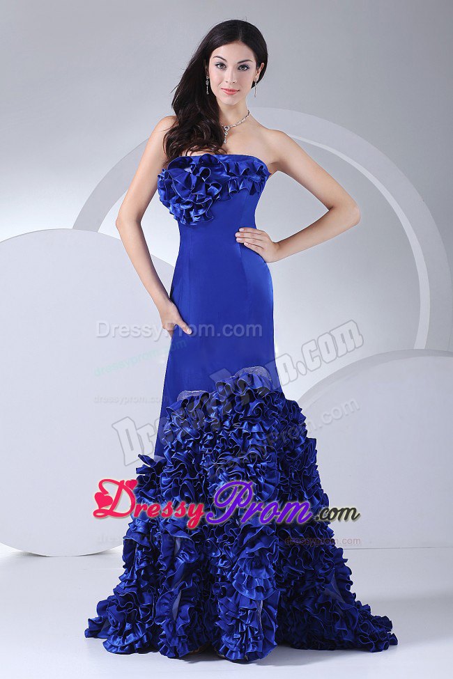 Chic Blue Mermaid Prom Dress With Hand Made Flowers Brush Train