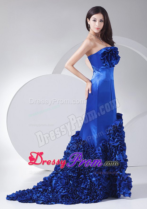 Chic Blue Mermaid Prom Dress With Hand Made Flowers Brush Train