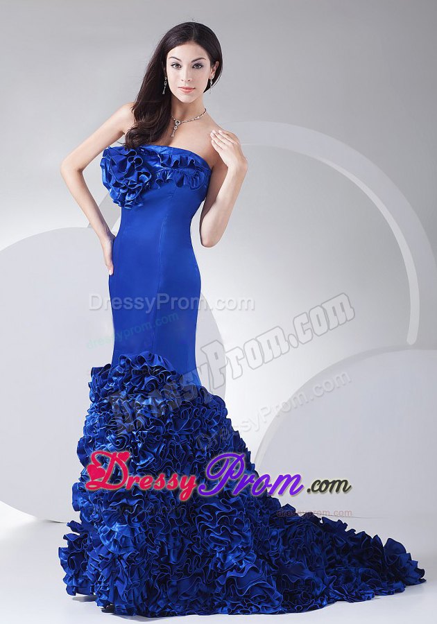 Chic Blue Mermaid Prom Dress With Hand Made Flowers Brush Train