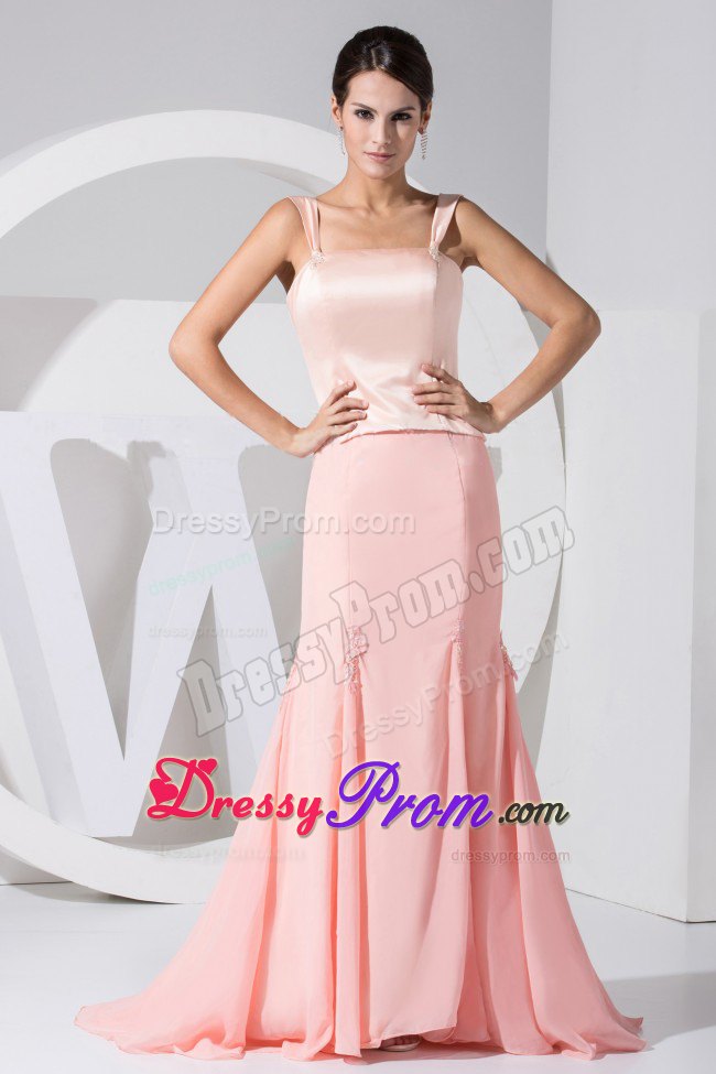 Wide Straps Light Pink Mermaid Taffeta Chiffon Brush Prom Dress