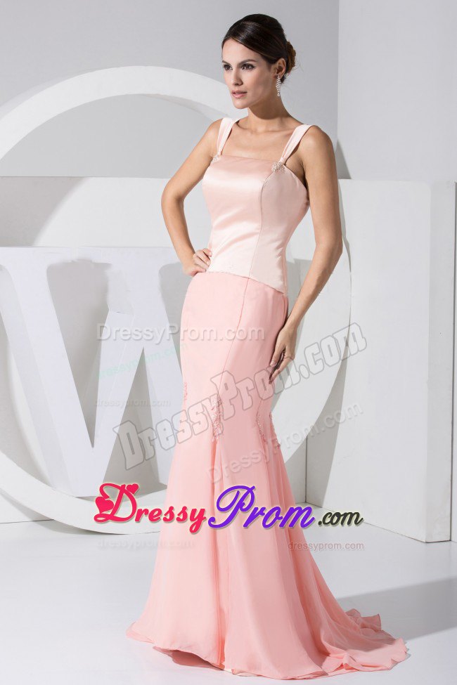 Wide Straps Light Pink Mermaid Taffeta Chiffon Brush Prom Dress
