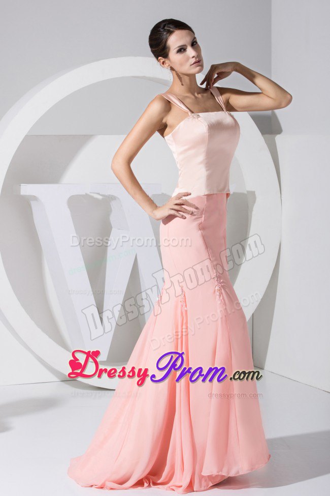 Wide Straps Light Pink Mermaid Taffeta Chiffon Brush Prom Dress