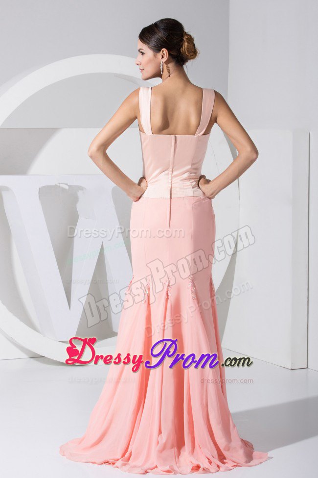 Wide Straps Light Pink Mermaid Taffeta Chiffon Brush Prom Dress