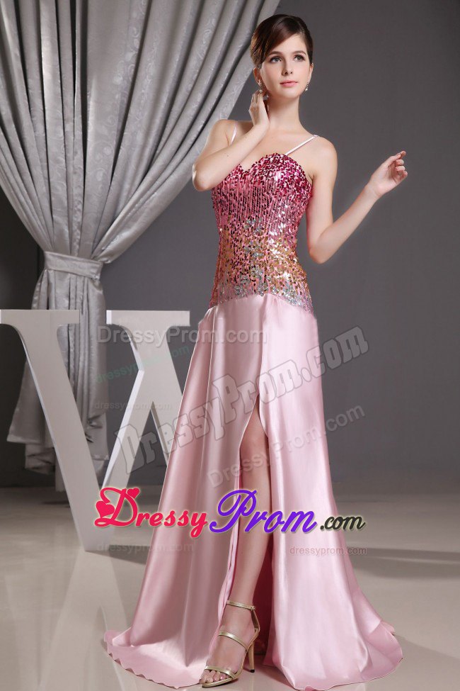 Spaghetti Straps Ruched Sequins Baby Pink Prom Dress for Girls